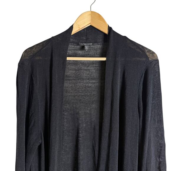 Eileen Fisher Black Polished Linen Rib Lightweight Cardigan Sweater Plus Size 1X - Picture 3 of 7